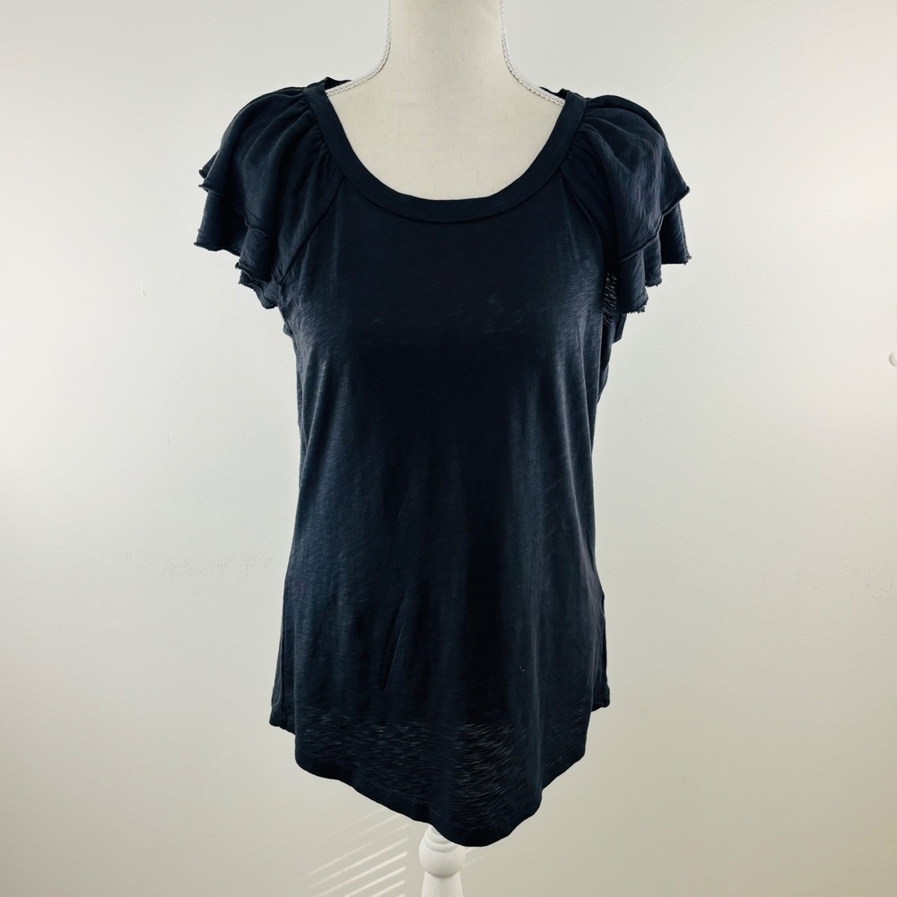 New Sundry Anthropologie Ruffle Sleeve Black Pima Cotton Top Size Small